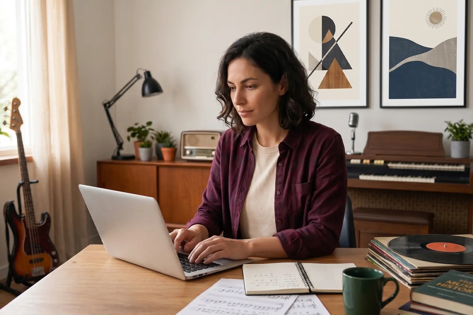 Female music instructor typing on a computer