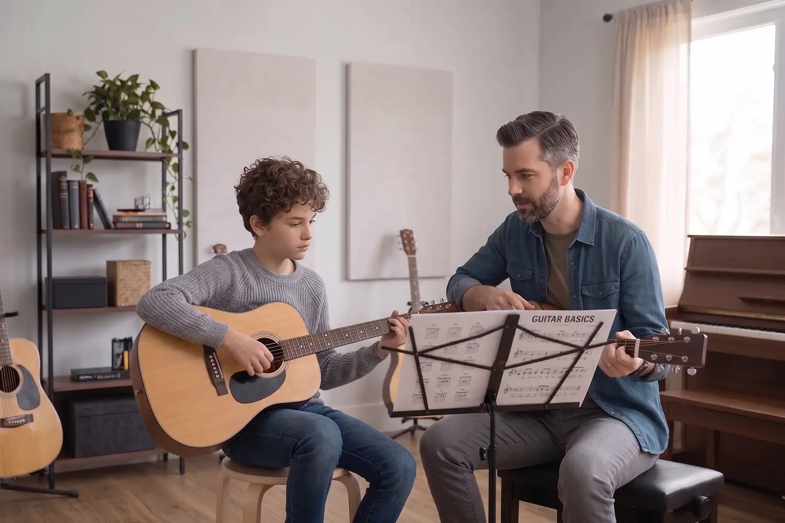 Guitar teacher and guitar student