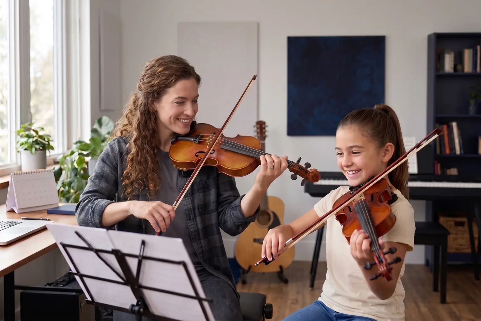 Music teacher and violin student